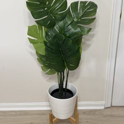 Faux Monstera w/ White Pot & Wood Stand