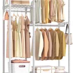 Clothing Racks with Wheels for Hanging Clothes with Shelves, Closet Organizers and Storage Metal Heavy Duty,Rolling Wardrobe Garment-Rack Metal Wire S
