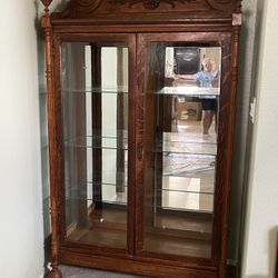 Antique oak glass curio caninet