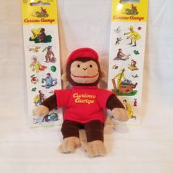 New Curious George Plush Doll & Set of Stickers 