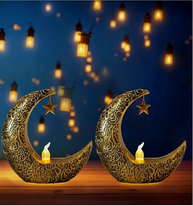 Golden Crescent Moon Ramadan LED Lanterns - Set of 2