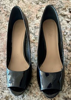 Franco Sarto Women Black Open Toe Patent Leather 4” High Heels size 9