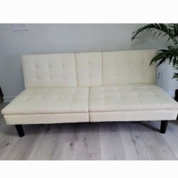 Futon Leather Beige Sofa With Cup Holder