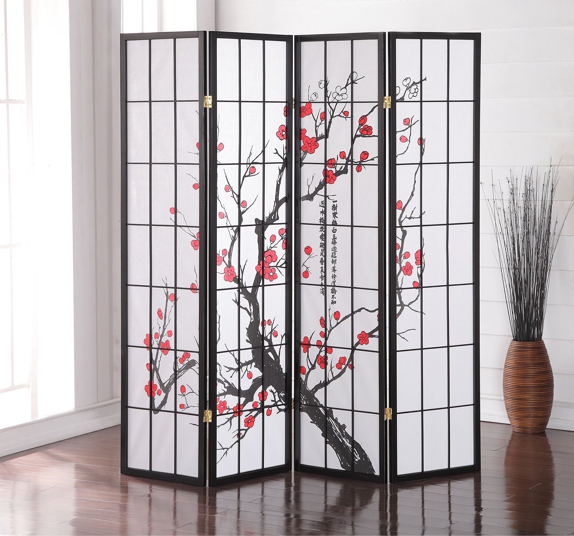 New Black Japanese 4-Panel Screen Room Divider, Plum Blossom