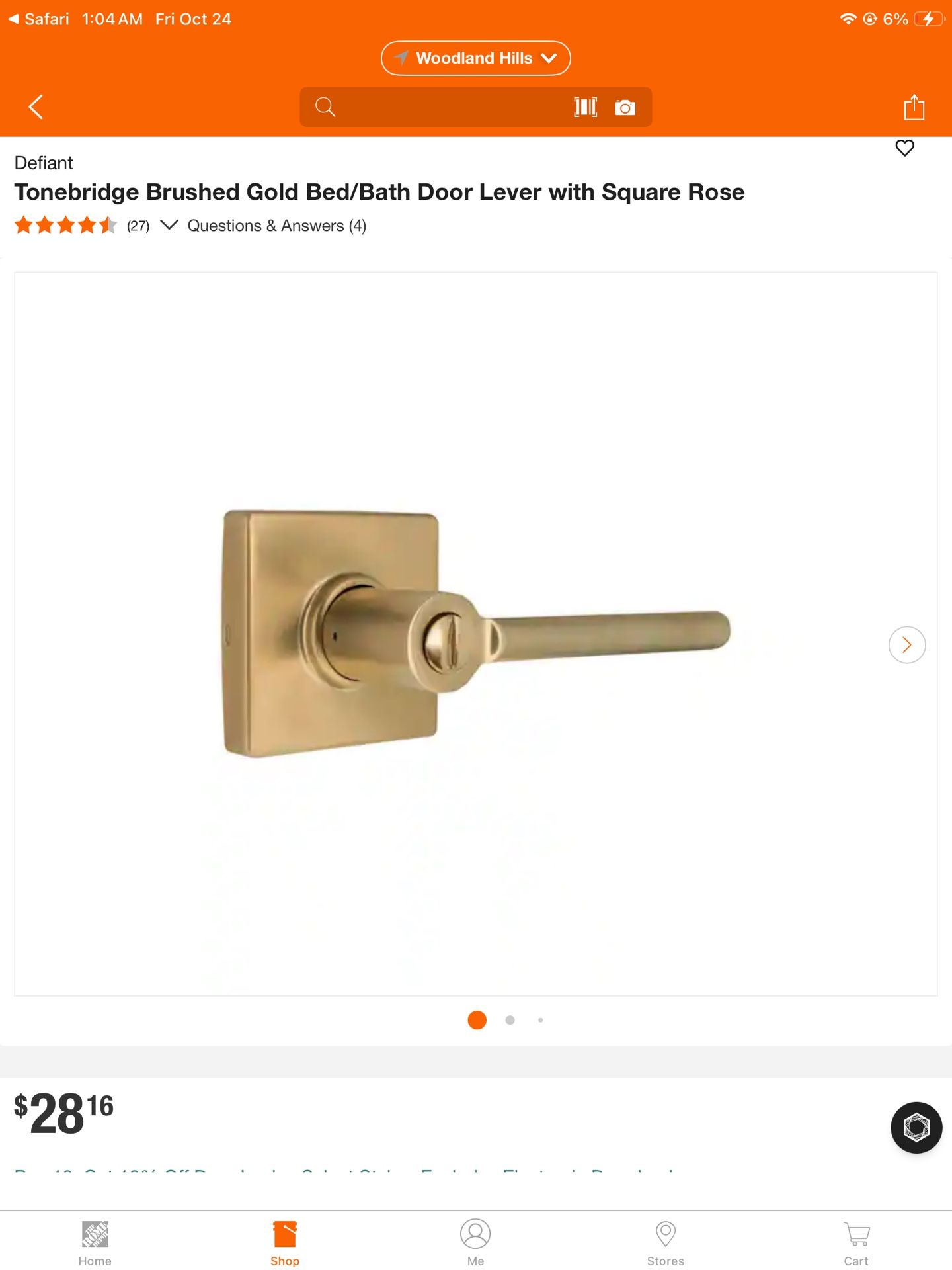 Tonebridge Brushed Gold Bed/Bath Door Lever with Square Rose