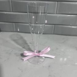 Clear Plastic Champagne Glasses With Faux Pink Pearls And Pink Ribbon