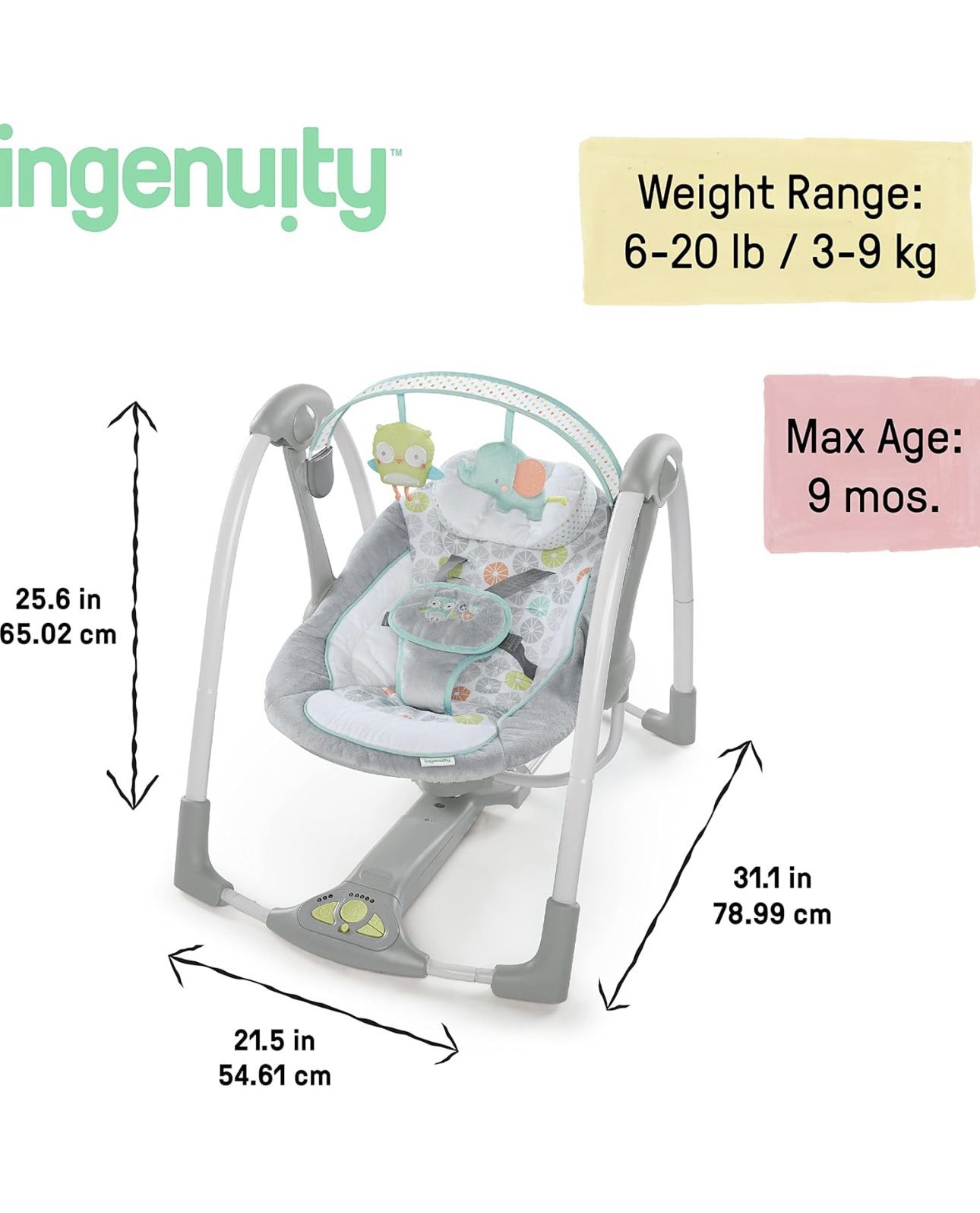 Was 100$ Ingenuity Swing 'n Go 5-Speed Baby Swing - Foldable, Portable, 2 Plush Toys & Sounds, 0-9 Months 6-20 lbs (Hugs & Hoots)