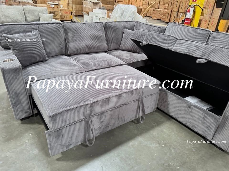 NEW L Shape Sectional Sofa and Pullout Sleeper Bed Storage Dark Grey Pull out Convertible Sofabed Discount Furniture warehouse Under seat Pull out