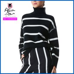 Alice + Olivia Bobbie Black White Striped Wool and Cashmere Blend Tunic Sweater