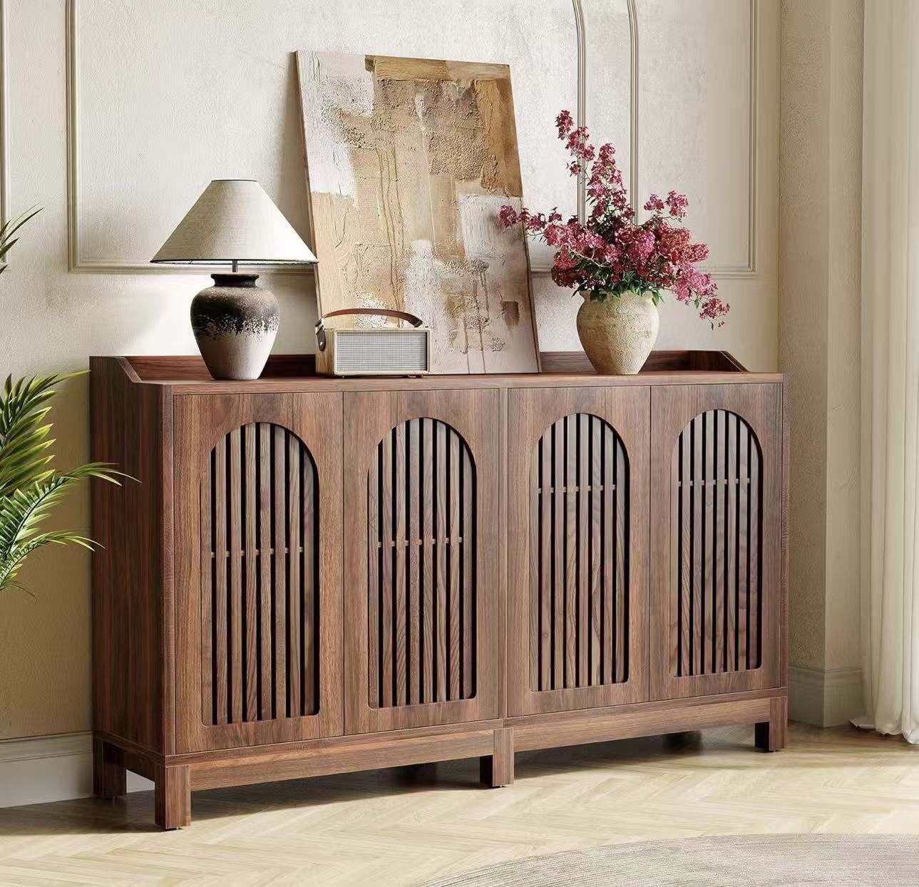 JW0983 New assembled 57-Inch Sideboard Cabinet with Adjustable Shelf, Vintage Brown Wooden Buffet with Fence Doors, 2-Tier Large Accent Table for Livi