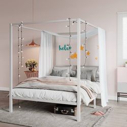 Metal Canopy Bed Frame Queen Size/Mattress Foundation with Metal Slats Support/No Box Spring Needed/Easy Assembly/White  Top highlights Size Queen Mat