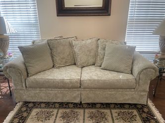 Cream Floral Damask Two-Seat Sofa with Pillows