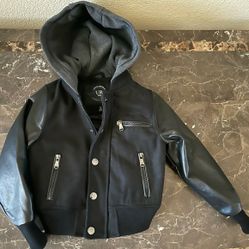 New, Black and Gray Faux Leather sleeves bomber jacket with hood. Size 5/6