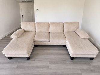 Beige Corduroy U-Shaped Sectional Sofa