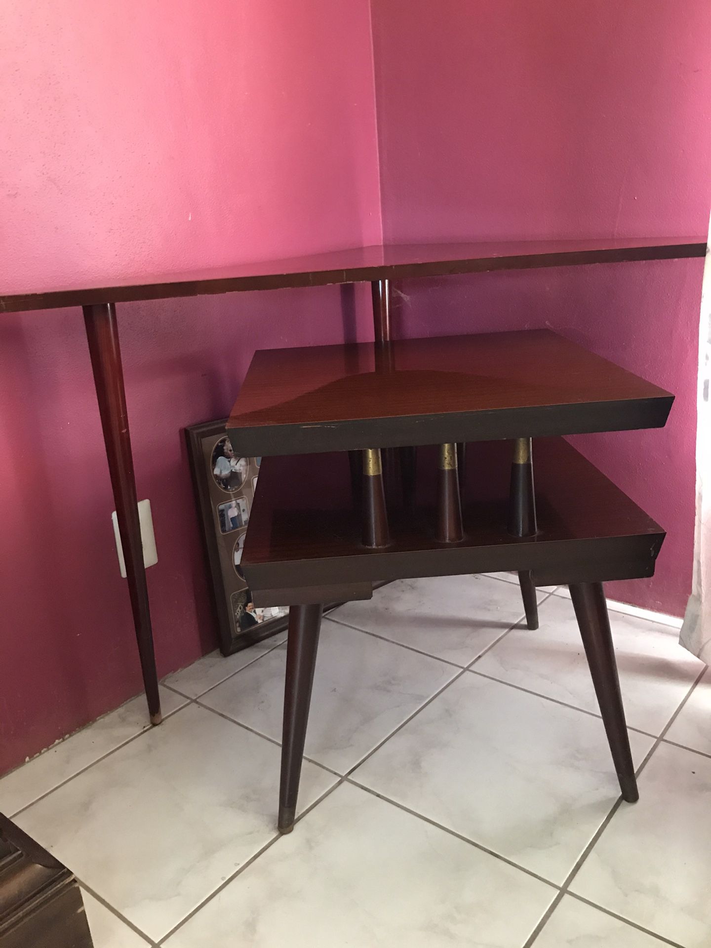 Retro mahogany pieces, End table, corner lamp table and storage cabinet