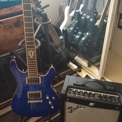 Ibanez SZ520QM Neck Thru Solid Body Electric Guitar Blue Burst & Fender Mustang 1 Amp 