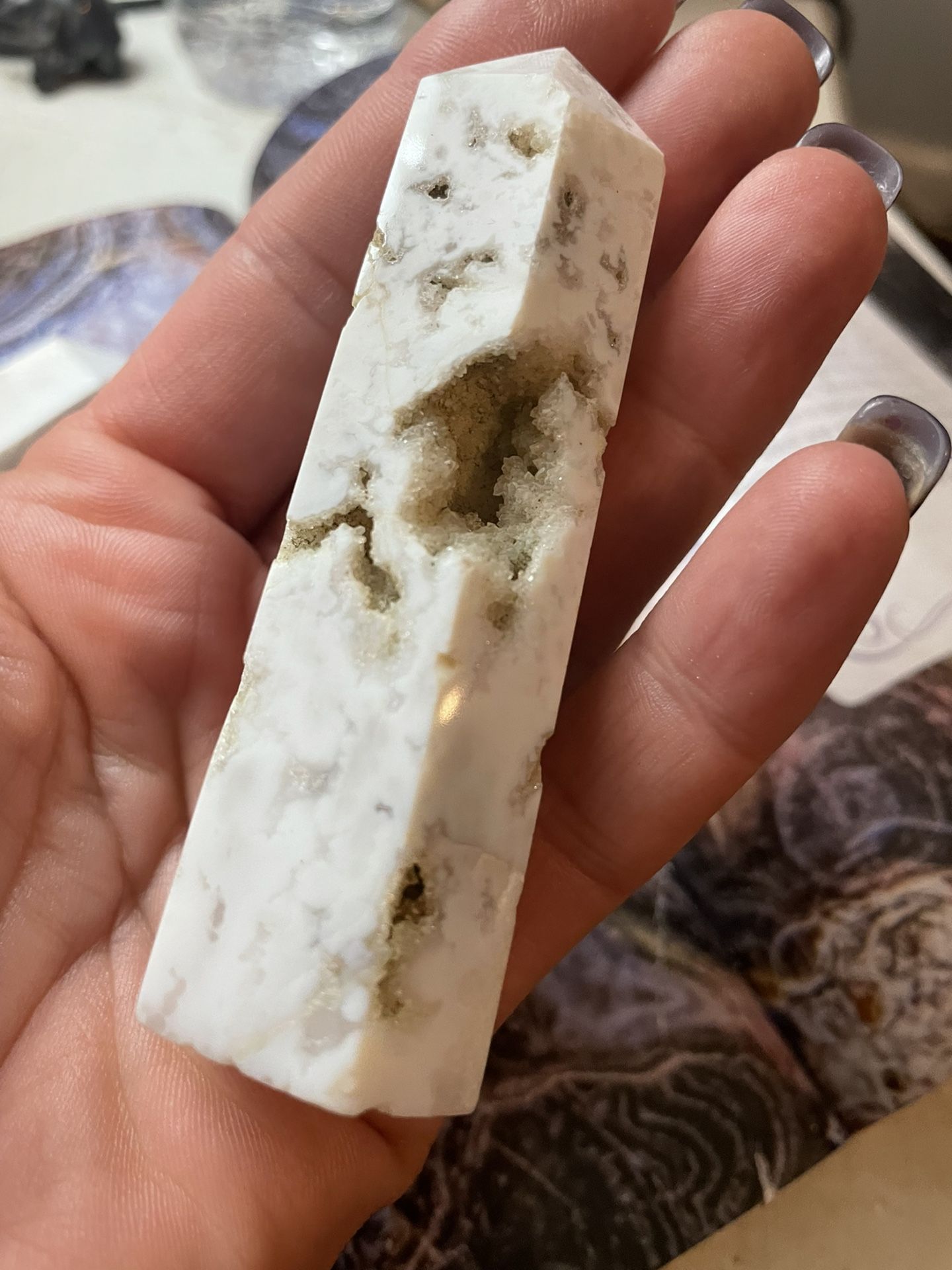 Snow White Druzy Agate Obelisk Tower