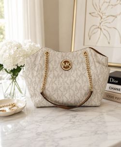 Michael Kors Signature Tote Bag Cream Monogram Gold Chain Purse