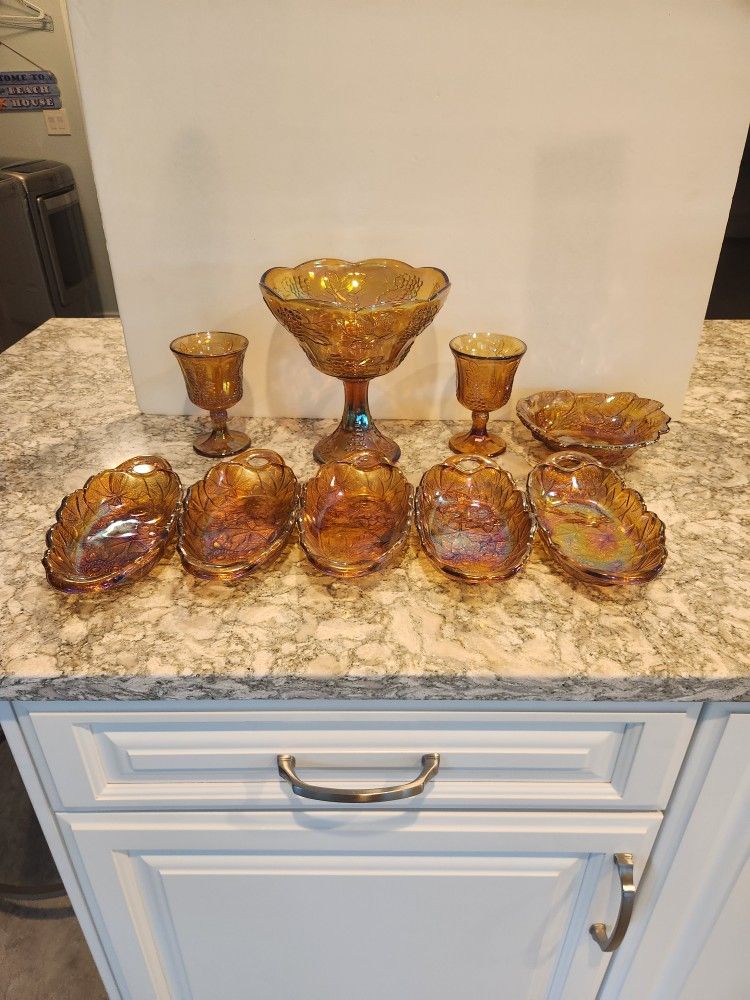 Collection of Carnival Glass, 9 Pieces of Marigold glass