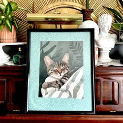 Sleepy Kitty Cozy Cat Canvas Art Print Green Polka Dot Framed Wall Art 17x21”