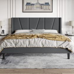 King Size Upholstered Platform Bed Frame with Modern Geometric Wingback Headboard