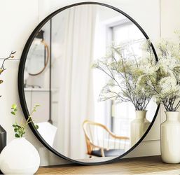 Round Wall Mirror with Black Metal Frame 24 inch