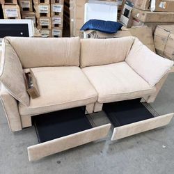 Assembled. Brand new 2-Seater Sofa with Pull-Out Storage Drawers, Wheat Chenille Fabric Sofa with Wraparound Back & Arm Cushions, Soft Skin-Friendly W