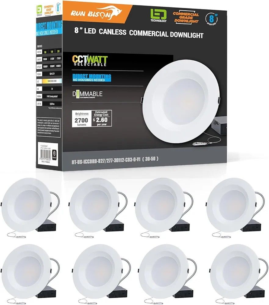 8 Inch Recessed LED Commercial Downlight with J-Box, Wattage Adjustable 16/21/27W,3 Color Selectable 3000K-5000K, 120-277V,0-10V Dimmable, IC Rated,Ca