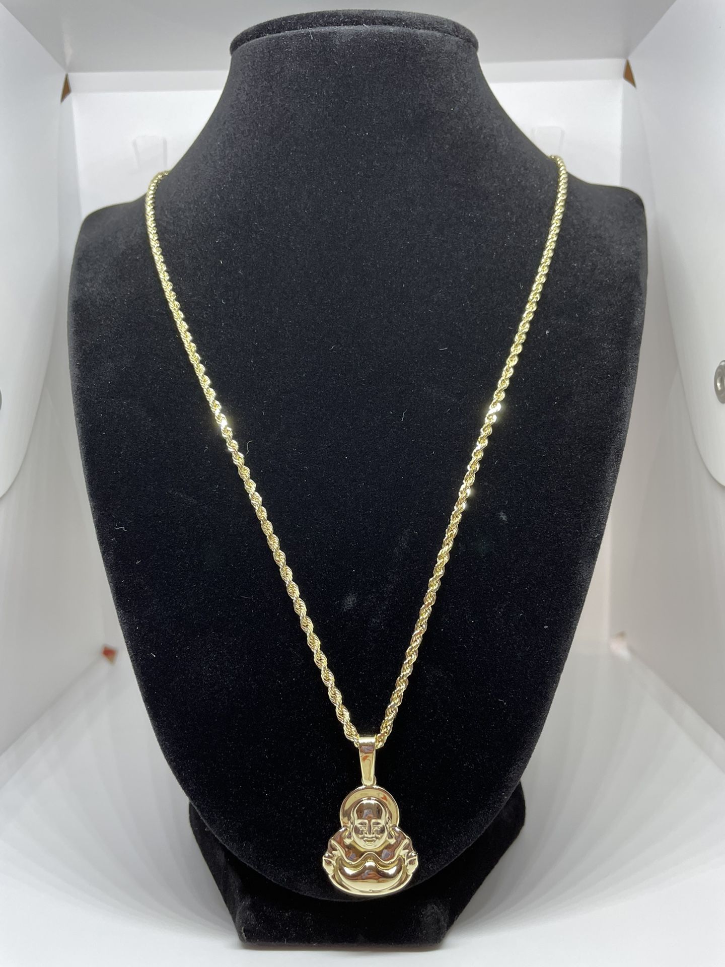 22” Solid 14k Gold Rope Chain And Smiling Buddha