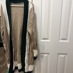 SHEIN Tan and Dark Green Open-Front Cardigan