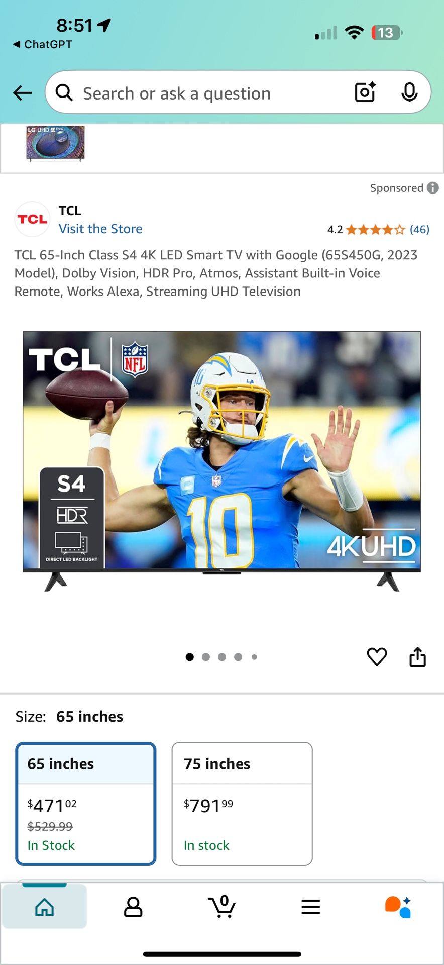 📺 TCL 65-Inch 4K HDR Smart TV – Model 65S450G (Google TV) 💰 $275 OBO