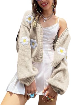 Y2K Floral Knit Cropped Cardigan, 90s Aesthetic Long Sleeve Sweater, Beige - NWT