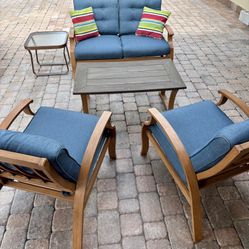 ALUMINUM OUTDOOR PATIO SET 5 PIECES BLUE WOOD LIKE FINISH