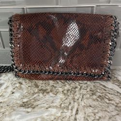 Snakeskin Leather Handbag With Link Metal Trim