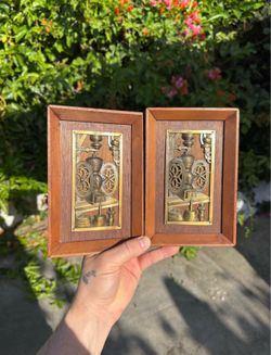 Vintage coffee mill grinder wall plaques made of brass on wood frames made in Japan
