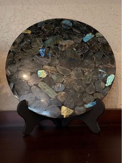 Large Labradorite Crystal Stone Statement Piece Display with Stand, 10 Inches Round and 1/4 Inch Thick