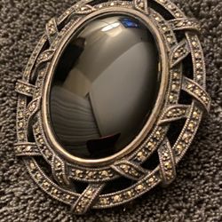 Vintage Heavy Sterling + Onyx Brooch