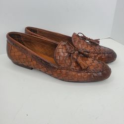Sesto Meucci Womens Brown Leather Woven Bow Slip On Loafers Shoes 7 Narrow~Italy