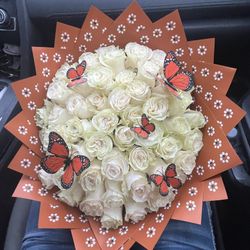 White Roses With Monarch Butterflies 