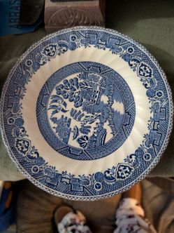 Six royal blue China chop plates