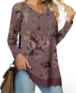 *NEW* Women's Tunics Loose Dressy Casual Long Sleeve Shirts Lace Hem (sz: M)