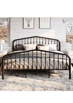 Queen Size Metal Bed Frame with Headboard & Footboard - Black Victorian Style