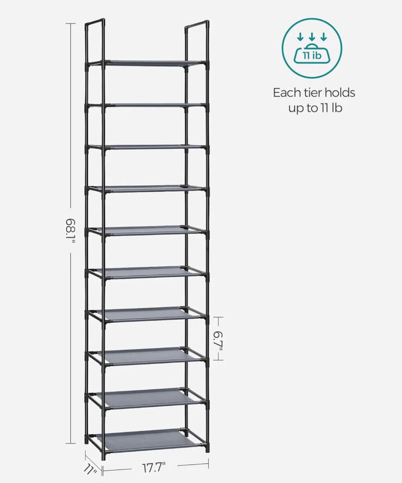 SONGMICS Shoe Rack 10 Tier Shoe Shelf Shoe Storage Organizer - Grey