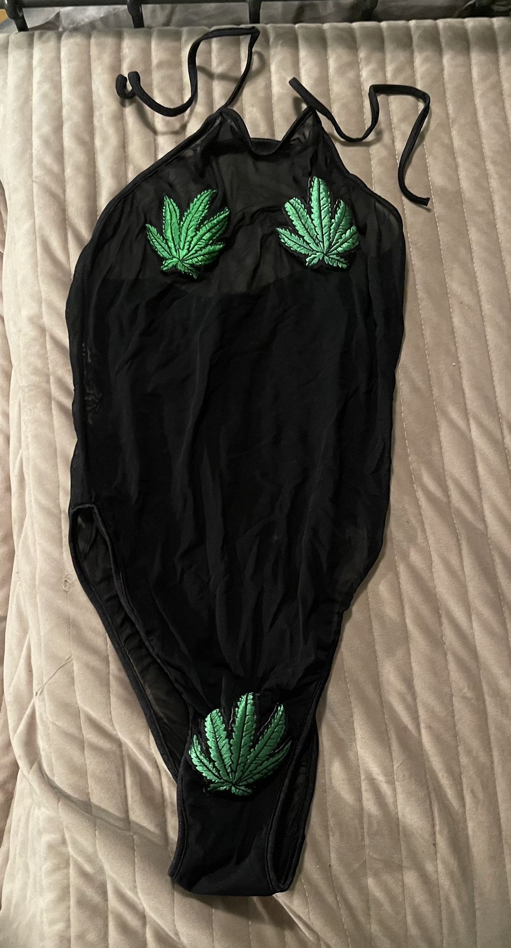 Small Black Sheer Bodysuit with Beaded Leaf Design