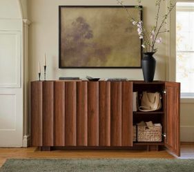 New-win2win 61.7" Buffet Cabinet with Storage, Mid Century Modern Sideboard with Wave Design, Wood Grain Finish, Credenza with Adjustable Shelves, Mod