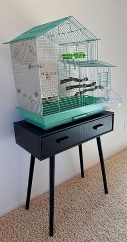 Bird Cage Birdcage Table Drawers Food Finch Canary Bath MCM Mid Century Modern