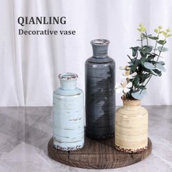 (212121-66) Ceramic Vase Set - 3 Small Flower Vases Home Decor, Modern Rustic Farmhouse Pottery Vases for Centerpieces, Living Room, Kitchen, Shelf, B