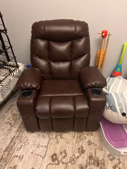 Kids Brown Leather Recliner Chair with Cup Holders