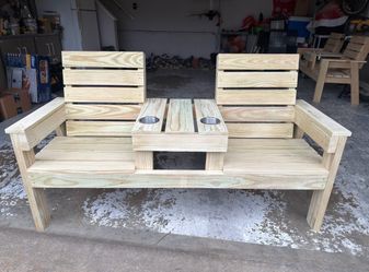 Double Seat Wood Bench w/cupholders
