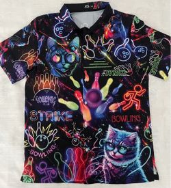 Neon Bowling Cat Graphic Polo Shirt Size M